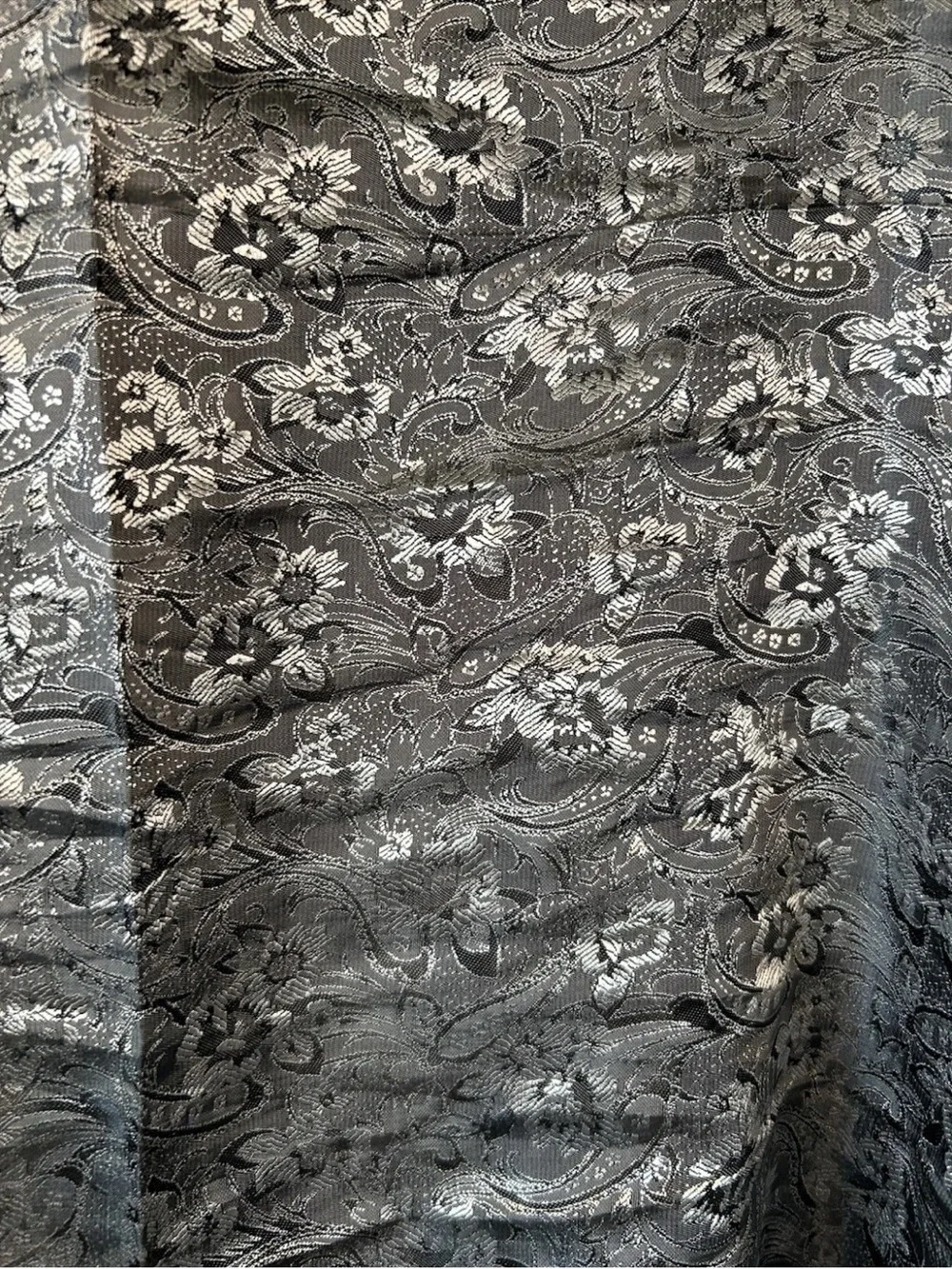 Vintage Thai Silk 100% Silk Shawl Wrap Silver Black Paisley Brocade Fringe 73in